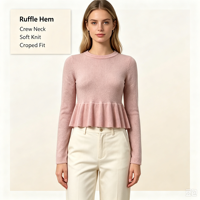 Pull-over décontracté à manches longues en maille fine rose de haute qualité Evelyn Undefined Custom, avec volants, OEM & ODM, pour l'automne