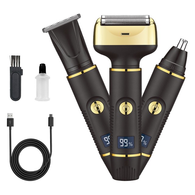 Waterproof 3-in-1 Men's Grooming Kit with Nose Trimmer Electric Razor & Shaver LCD Display Plastic Household Use