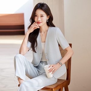Women's Short Sleeve Blazer Summer Thin Professional Casual Suit Set Polyester Breathable Worsted Fabric - Product Image 3