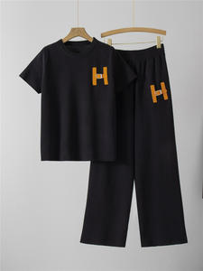 Completo Estivo da <span class=keywords><strong>Donna</strong></span> Due Pezzi, Nuovo Trend Casual Sportivo, <span class=keywords><strong>Pantaloncini</strong></span> e Pantaloni a Gamba Larga, Stile Comodo e alla Moda, Tinta Unita - Product Image 2