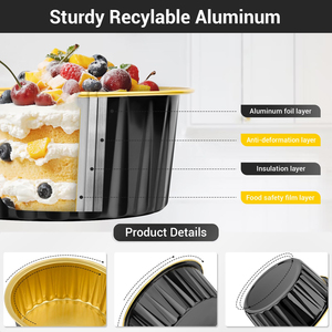 Moules à pâtisserie jetables en aluminium noir et or de 125 ml/4,4 oz, mini-récipients ronds en aluminium pour pudding et gâteaux - Product Image 2