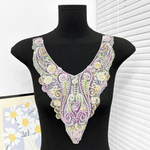 Applique de luxe brodée de sequins violets pour encolure, patch de col en dentelle résille pour robe de mariée, abaya et vêtements musulmans - Product Image 2