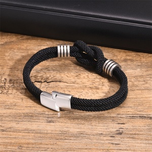 Fashion Fine Jewelry Mens Stainless Steel Charm Bracelet Luxury <b>Black</b> <b>String</b> Bracelet - Product Image 2