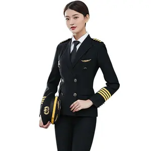 Havayolu uçuş görevlisi donanma siyah renk kadın Pilot takım elbise üniforma