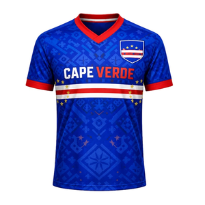 Maglia da Calcio TNOS Uomo, Jersey Deportivo De Cabo Verde, Blu e Rossa con Motivo Etnico, Stampa a Sublimazione, 100% Poliestere - Product Image 1