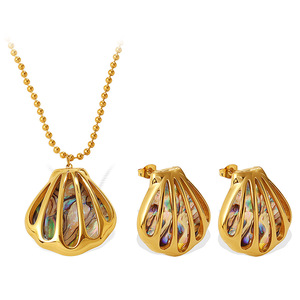 Ensemble de boucles d'oreilles et collier en forme de coquille, en acier inoxydable plaqué or 18 carats, bijoux de fête pour femmes - Product Image 5
