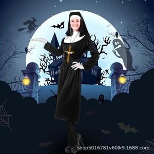 Costume d'Halloween pour femme, tenue de nonne traditionnelle pour adulte, robe noire de sœur, costumes religieux, étole d'église et robes de chœur - Product Image 2