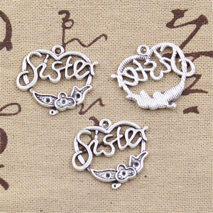 24x24mm hecho a mano corazón hermana flor encantos Vintage tibetano Color plata colgantes DIY apto para pulsera collar aleación principal - Product Image 4