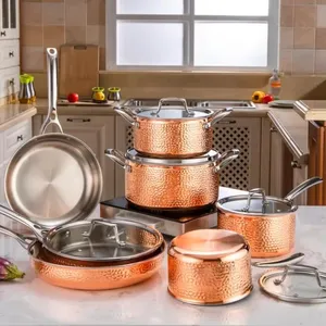 ty-Kitchenware Rose Gold Hammered Tri-Ply Stainless Steel <b>Cookware</b> <b>Set</b> Gas & Induction Compatible Eco-Friendly - Product Image 1