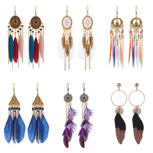 New Arrival Bohemian Ethnic Style Long Earrings Creative Dream Catcher Colorful Feather Earrings For Women