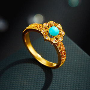 Fashion <b>Rings</b> Flower Shape Blue <b>Turquoise</b> Pave Setting Gold <b>Ring</b> For Women Gift Jewelry - Product Image 1