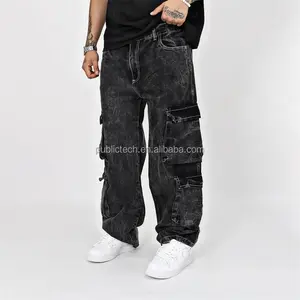 Großhandel Hersteller schwarz individuelles Logo Design Dienstleistungstasche gerades Bein Hosen Säure-Wäsche Baggy Jeans