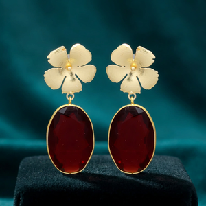 New Arrival Women & Girls Ethnic Silver Gold Plated Floral Drop <b>Earrings</b> with Garnet Hydro Gemstone for Wedding Engagement Party - Product Image 3