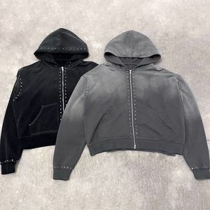 Sweat-shirts pour hommes avec strass, pantalon de survêtement et sweat-shirt en coton 100%, ensemble délavé à l'acide, surdimensionné, fermeture éclair intégrale, personnalisé, poids lourd pour hommes - Product Image 3