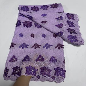 Tissu en dentelle brodée au laser de haute qualité, broderie florale violette, tissu pour robe avec strass, tissu haut de gamme pour vêtements féminins - Product Image 4