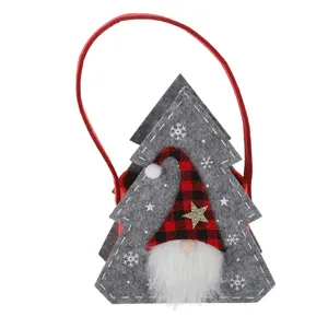 Wholesale Holiday Decoration Christmas Tree Shape Red Black Plaid Gnome Felt Candy Gift Bag