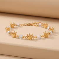 Bracelet chaîne à maillons en cuivre plaqué or 18 carats avec breloques couronne alternées et perles de zircon, bijou tendance pour femme, cadeau princesse
