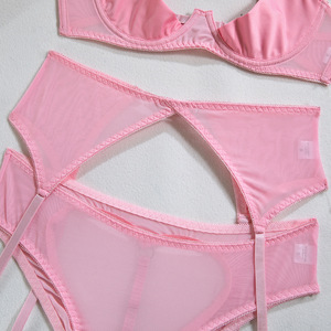 Striptizci See Through pembe iç çamaşırı setleri seksi olgun Lady sıcak Sheer Bralette sutyen külot jartiyer kemer seti meme kapağı ile - Product Image 6
