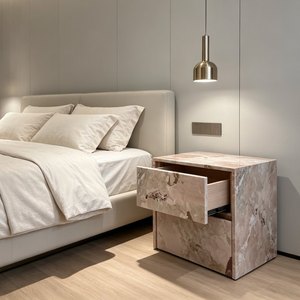 <span class=keywords><strong>Comodini</strong></span> di Lusso in Marmo Naturale, Design Moderno e Minimalista, Comodino in Pietra Rosa con 2 Cassetti per Camera da Letto - Product Image 5