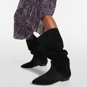 New Suede Loose Upper Shoes Flat Heels Pointed Toe Slouchy Long Boots Women's Wide Fit Knee High <b>Booties</b> - Product Image 2