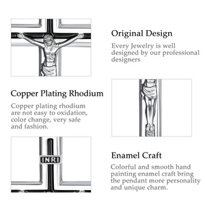 Collar con Colgante de Cruz INRI de Cobre Chapado en Rodio, Esmalte Negro, Joyería Religiosa Católica al por Mayor para Hombre - Product Image 6