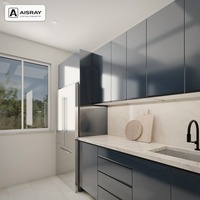 Meuble de cuisine sur mesure à finition ultra brillante, aménagement contemporain en îlot, rangement par tiroirs, livraison en kit et boîtes de rangement en MDF
