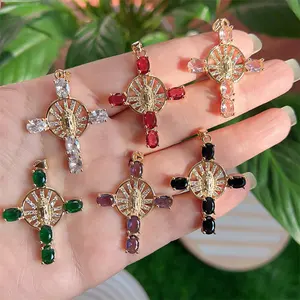 Colgantes de Cruz de la Virgen María, Micro pavé multicolor de CZ para fabricación de collares, suministros de joyería religiosa, venta al por mayor