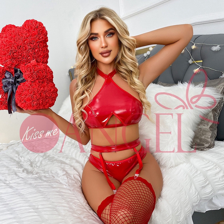 KISS ME ANGEL set bra seksi leher gantung kulit merah menggoda seragam setan kecil dasi gelap penjualan terbaik