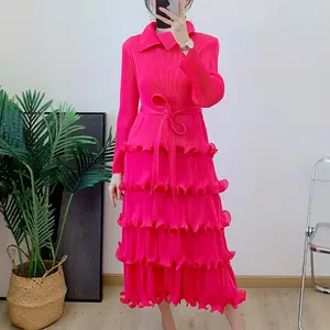 2024 New Design Lapel Casual Dress Long Sleeves Lace Up Ruffles Women Miyake Pleated Dress