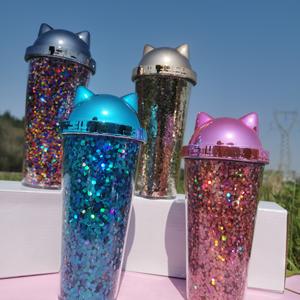 Tasse à paille à couvercle en plastique électrolytique double couche de style coréen créatif tasse à eau à paillettes pour les fêtes de randonnée hommes femmes étudiants - Product Image 1