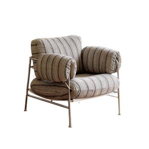 Fauteuil simple en tissu rayé de style vintage, gris et blanc, avec accoudoirs en acier inoxydable, pour salon - Product Image 5