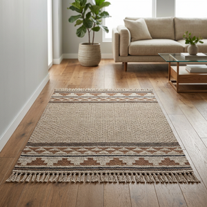 Alfombra de Área Beige de Lujo Moderna y Sencilla - Alfombra con Aspecto de Yute con Borlas, Acolchada y Antimicrobiana, Extra Gruesa para Sala de Estar - Product Image 3