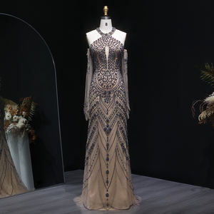 Vestido de Noche de Lujo para Mujer Árabe Sharon Said SS118, Estilo Sirena con Guantes, Pedrería, Halter, para Fiesta - Product Image 1