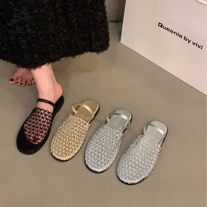 Señoras moda NewSummer mujeres Fishnet tejido hueco sandalias romanas plataforma cubierta plana cabeza media pantuflas sandalia zapatos planos - Product Image 1