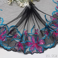 Dentelle brodée en tulle noir de 23 cm, bordure en dentelle brodée florale à sequins bicolores bleu et violet pour lingerie de luxe et confection sur mesure