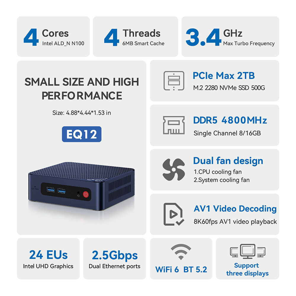Beelink EQ12 Intel N100 Mini PC - 8GB/16GB, 512GB SSD