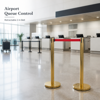 Poteau de guidage rétractable doré avec bande rouge de 2 m, hauteur 900 mm, diamètre 63 mm, base 320 mm pour aéroport