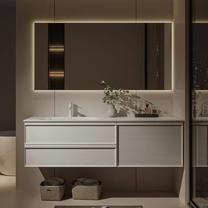 Modern Minimalist White Floating Bathroom Vanity Marble <b>Sink</b> Cabinet with Smart LED Mirror <b>Storage</b> Drawers - Product Image 1