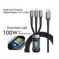 Cable de Carga USB 3 en 1, 100W, Carga Súper Rápida, Cable Multiusos con Trenzado de Nailon, 1.2M, Cable de Datos Universal para Teléfono