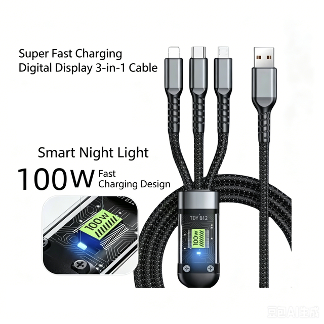 3 in 1 USB Charging Cable 100W Super Fast Charging Nylon Braided Multi Cord 1.2M Universal Phone Data Cable