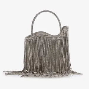 2024 Trendy custom luxury crystal handles ladies purse bag women silver satin rhinestone evening bag clutch with silver fringes