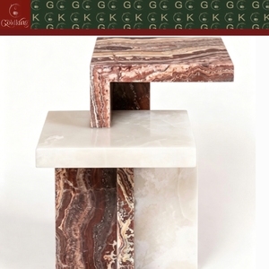 Mesa Auxiliar de Dos Niveles Asimétrica de Piedra Sólida para Sala de Estar de Lujo GOLDKING, Mármol Blanco Marrón Rojizo, Tallado Geométrico, OEM Personalizado - Product Image 4