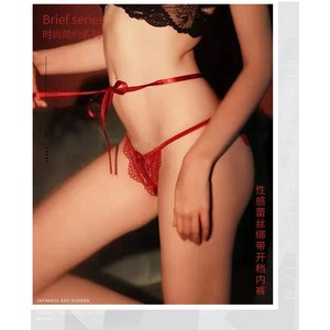 Culotte transparente sexy à entrejambe ouvert, string en dentelle orné de rubans, T-shirt sexy taille basse - Product Image 2