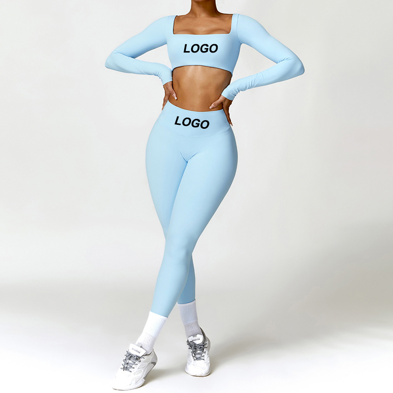 Logo Custom Women's Sports Wear 4 Way Stretch Yoga Sets Nylon Fabric Long Sleeve square Neck Crop Top and Leggings