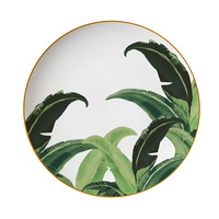 Ensemble de vaisselle en céramique de luxe avec bordure dorée, imprimé feuilles de bananier, tasses et bols pour mariage, hôtel et restaurant