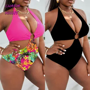 Nieuwe Aankomst Grote Vrouwen Sexy Strandkleding Uitgesneden Halster Up Plus Size Badmode Badpak Eendelig Bikini Plus Size Voor Mollige Vrouwen