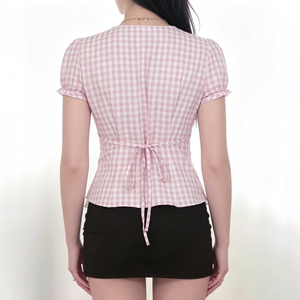 เสื้อเชิ้ตแขนสั้นลายสก็อตหวานๆ สไตล์ฤดูร้อน แต่งโบว์ คอเหลี่ยม ผูกเอว สำหรับผู้หญิง - Product Image 4