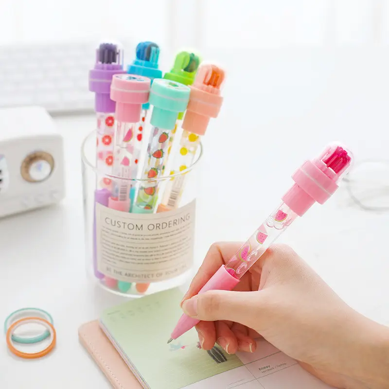 Promotion Pen 5 in 1 Multifunctional Bubble Roller Stamp School Stationery Cute Fruit Design Kids Plastic Ball Pen