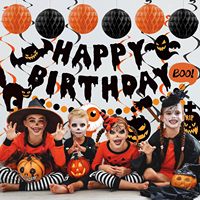 Décorations d'Halloween pour anniversaire, Bannière d'anniversaire pour fête d'Halloween avec boules en nid d'abeille, Guirlande suspendue en spirale et points circulaires