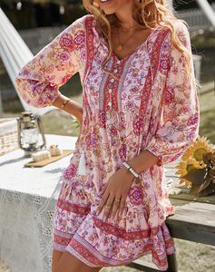 Stile bohémien per le vacanze per il tempo libero abito gonna corta 2024 primavera ed estate stampa fiori <span class=keywords><strong>abbigliamento</strong></span> donna - Product Image 6